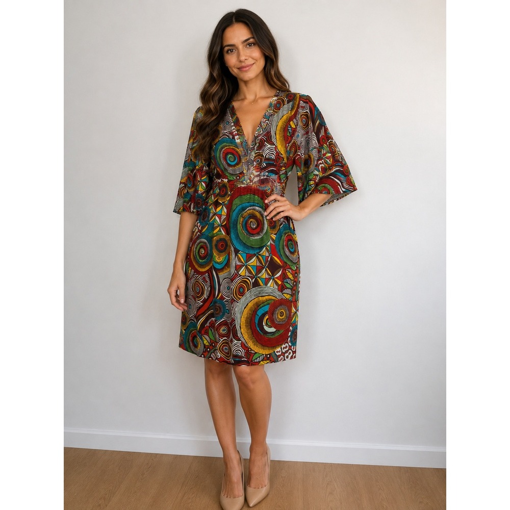 Uncle Frank Psychedelic Geometric Circle Print V-Neck Bell Sleeve Dress Medium